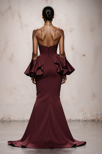 Strapless Burgundy Mermaid Ruffled Long Evening Dress